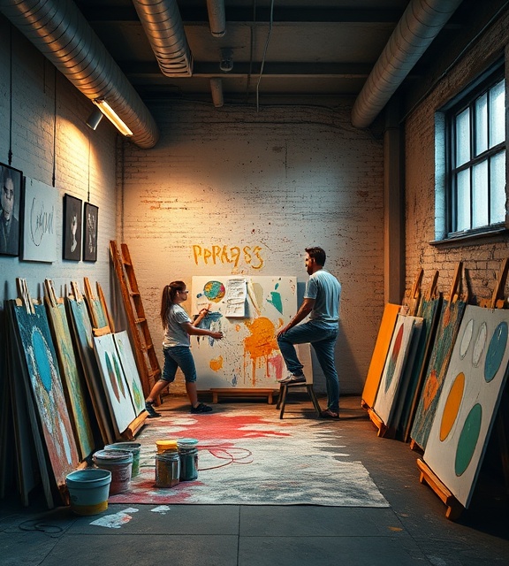 striking SocialMedia graphics, artistic flair, innovating designs, photorealistic, urban loft studio with moodboards, highly detailed, paint splatters visible, 6720x4480 resolution, diverse color range, warm studio lighting, shot with a 25mm lens