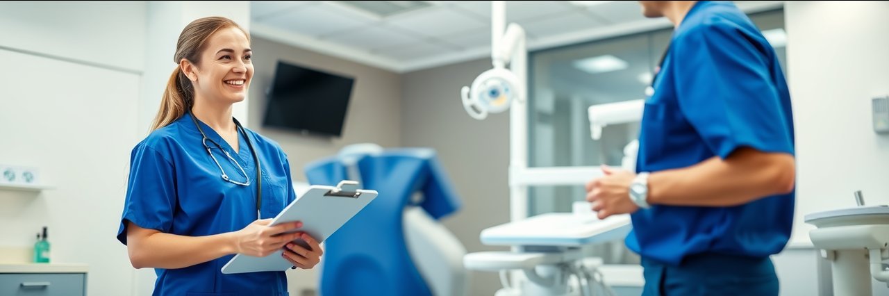 Dentists discussing patient care in a modern dental office - cosmetic dentistry services