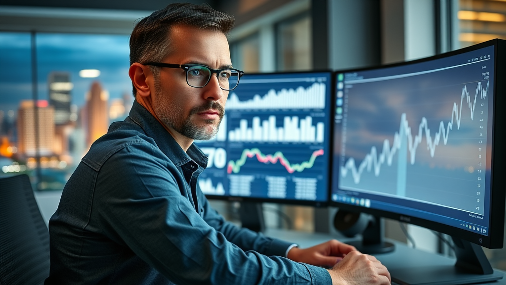determined Dallas entrepreneur analyzing marketing data trends on dual monitors with Dallas landmark decor