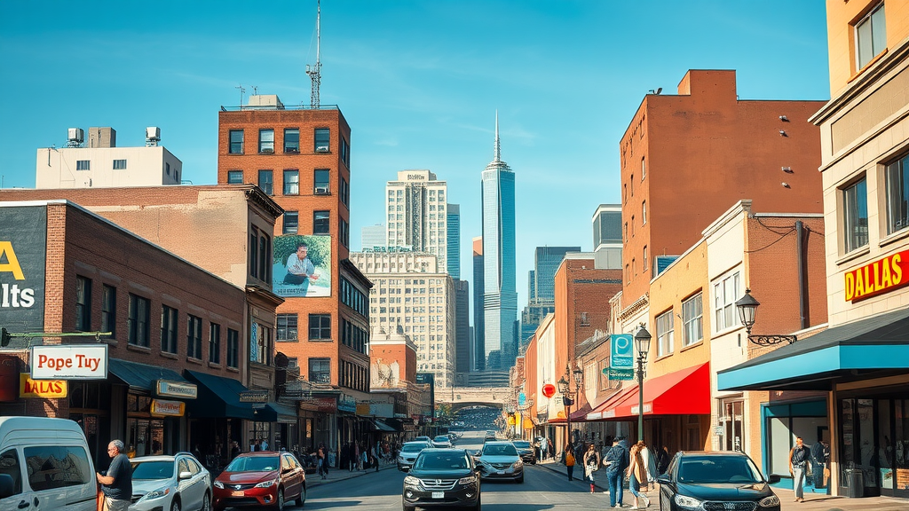 vibrant Dallas cityscape with energetic street, diverse small businesses, people interacting, iconic Dallas skyline