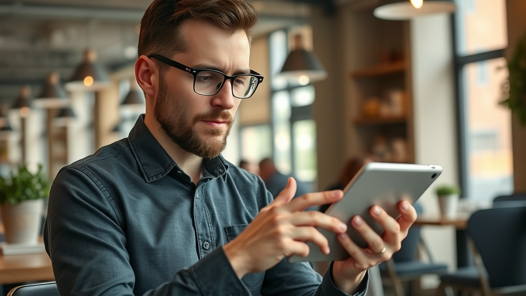 Plano entrepreneur reading digital marketing blog post in cozy coffee shop, focused on customer engagement insights
