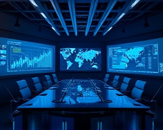 powerful SocialMedia tools, data-driven decisions, predicting trends, photorealistic, tech boardroom with projectors on, highly detailed, real-time analytics flashing, 3600x2400 resolution, futuristic blues, ambient dark lighting, shot with a 100mm lens